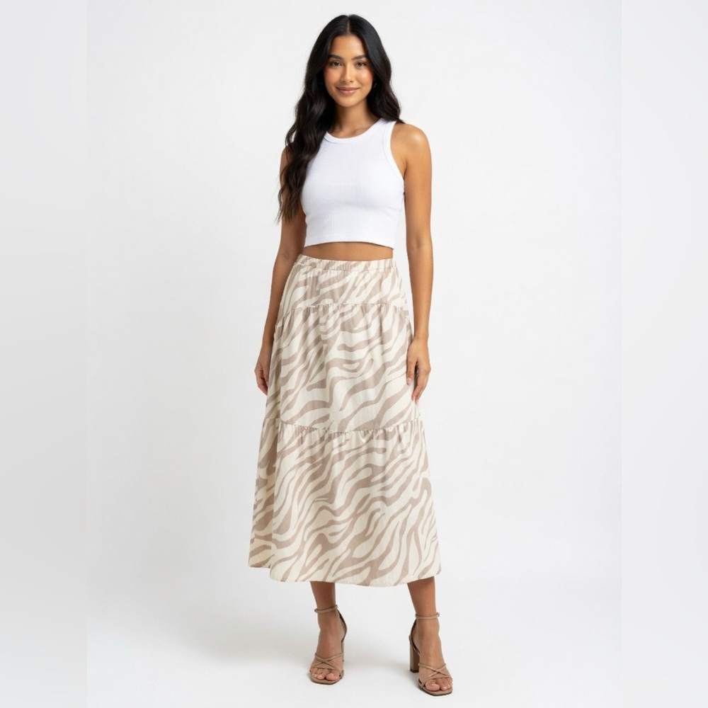 CeCe Women’s Neutral Zebra Print A Line Tiered Midi Skirt XL